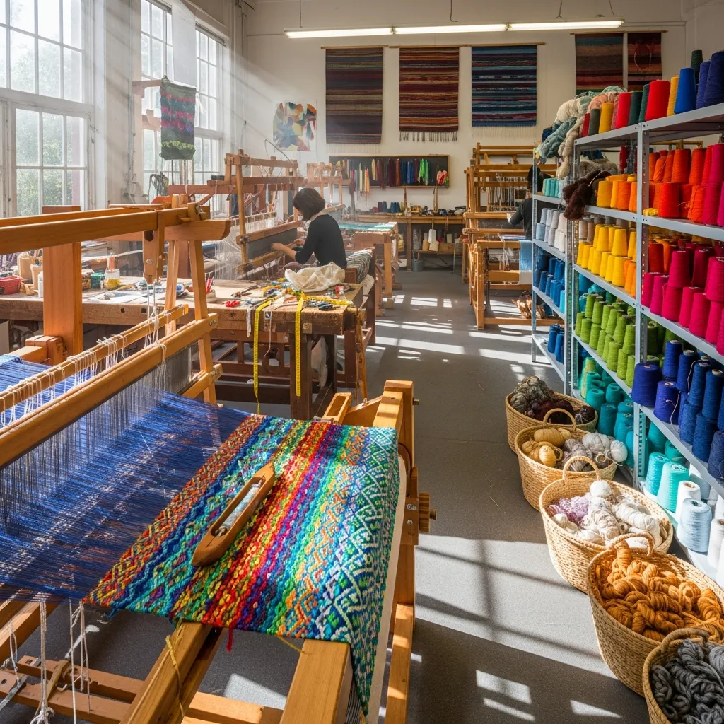 Hands-on weaving workshop with colorful threads and loom setup at textile studio