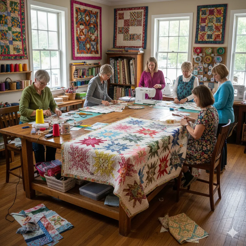 Quilting session showing patchwork patterns and fabric squares at workshop