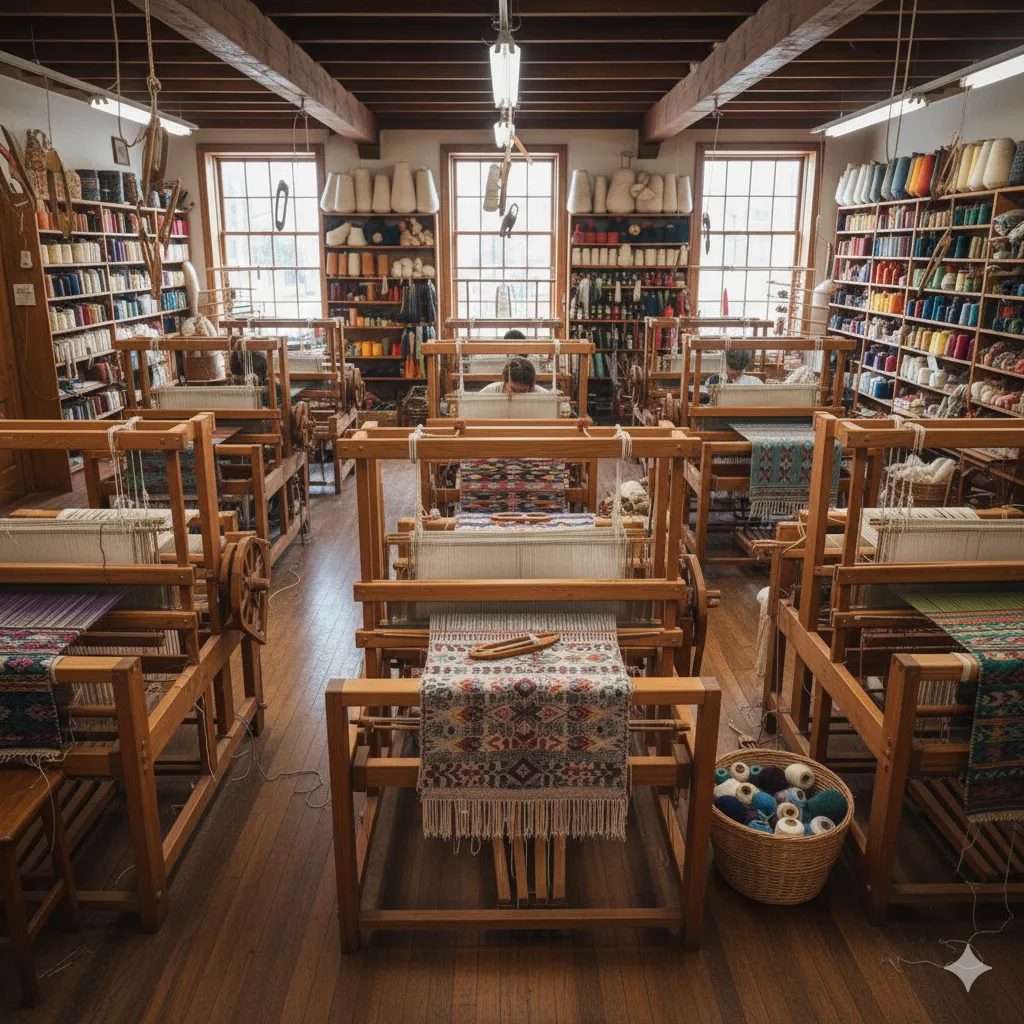Comprehensive weaving workshop showing loom setup and colorful thread patterns