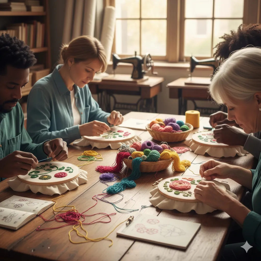 Detailed embroidery class with decorative stitching techniques and colorful thread work