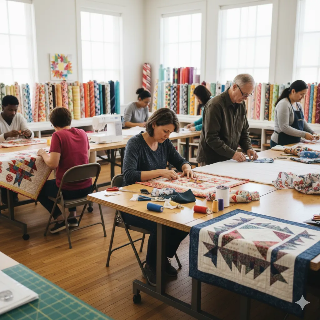Quilting workshop featuring patchwork design and fabric piecing techniques at studio